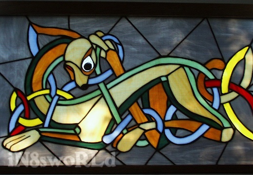 Celtic Dog in stained glass by Cathy