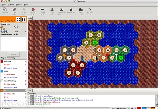 07-pioneers (9755 visits) Pioneers is another Settlers of Catan game shown here running on my Mac over ssh from the kid's Ubun... 07-pioneers