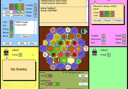 jsettlers (9543 visits) jSettlers game against Emily. Running jsettlers server, client, and two robots on the powerbook, an... jsettlers