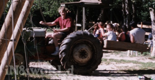 Nate gives kids a ride at Barney's vineyard